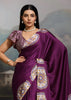 Wine Purple Printed Satin Silk Saree