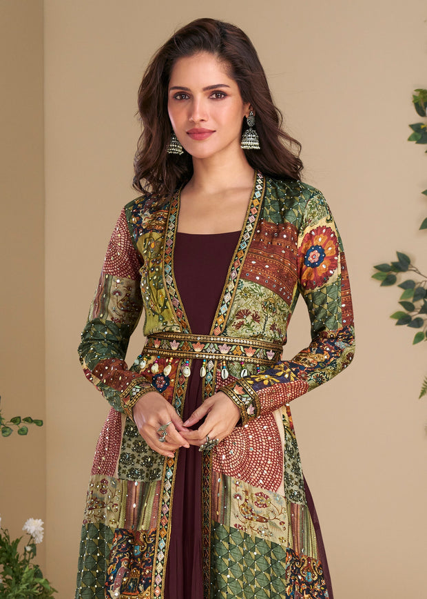 Brick Red Shrug Style Gown with Embroidered Work