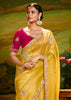 Vibrant Yellow Heavy Embroidered Designer Silk Saree With contrast Blouse