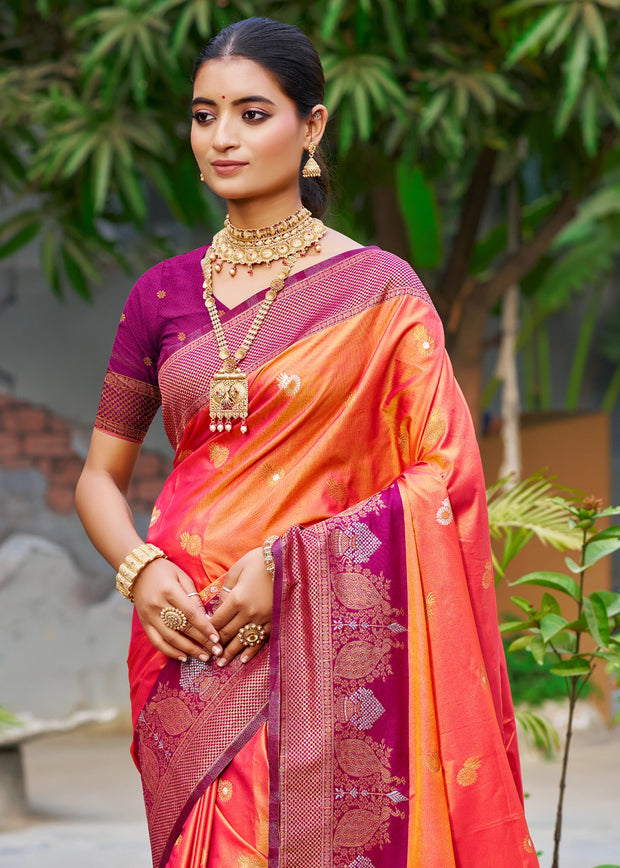 Mandarin Orange Dual Tone Woven Banarasi Silk Saree