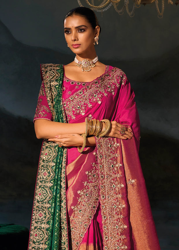 Rani Pink Embroidered Kanjivaram Silk Saree With Dupatta