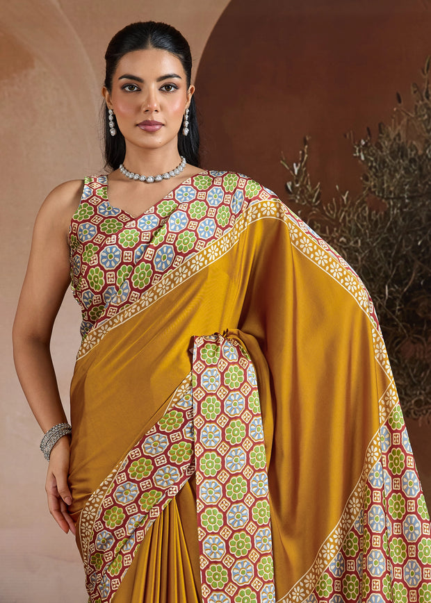 Mustard Yellow Printed Satin Silk Saree
