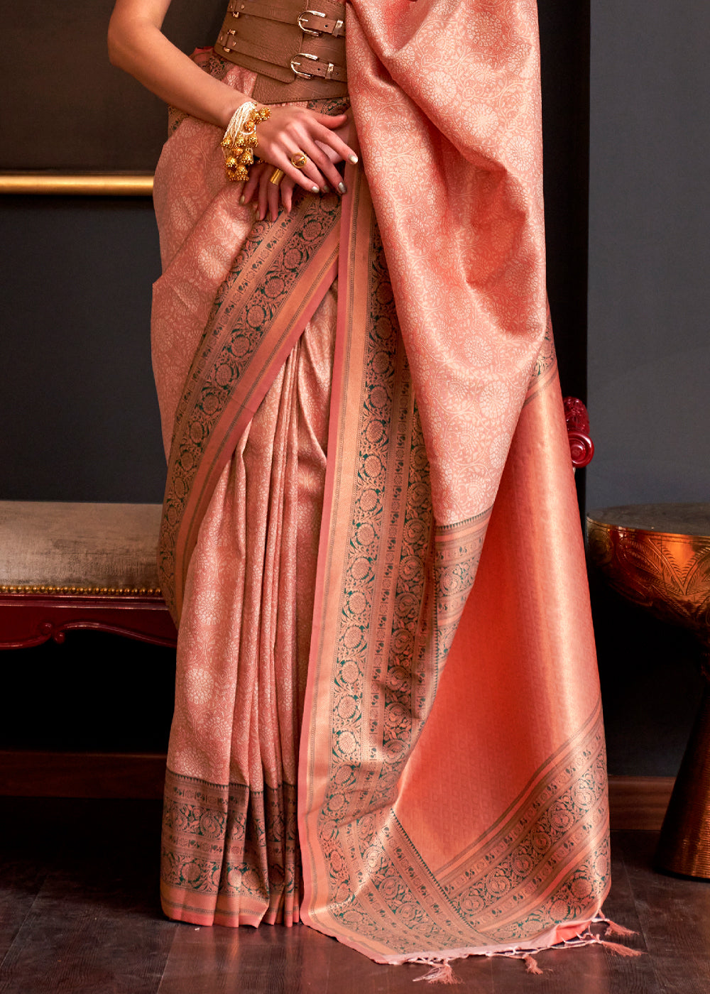 Gajari Peach Woven Satin Silk Saree With Contrast Brocade Blouse – Zari  Banaras