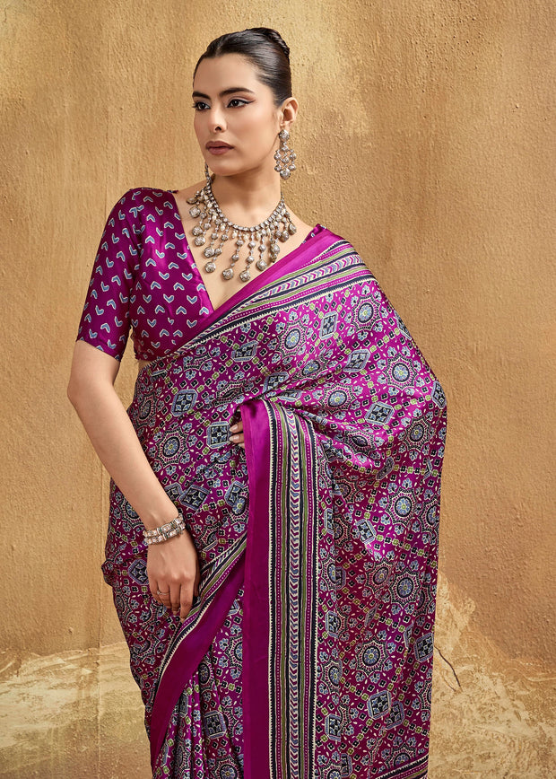 Magic Purple Printed Satin Silk Saree