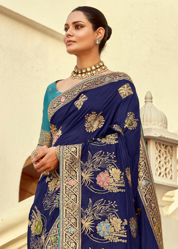 Royal Blue Woven Banarasi Designer Silk Saree With Contrast Blouse