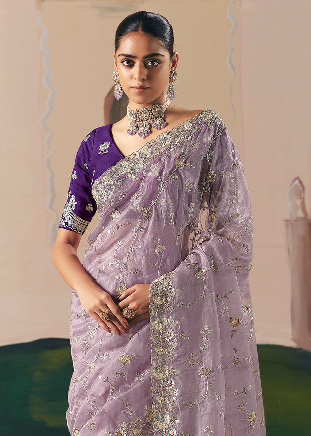 Blazing Lavender Embroidered Designer Saree