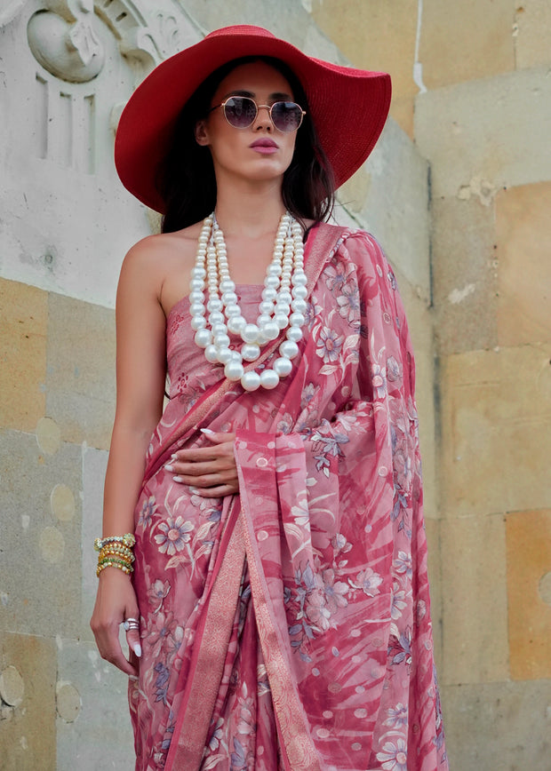 Petals Pink Printed Georgette Silk Saree