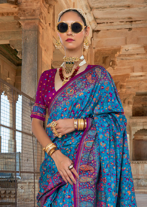 Heritage Blue Printed Kashmiri Jamewar Saree
