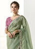 Dusky Green Designer Organza Tissue Silk Saree