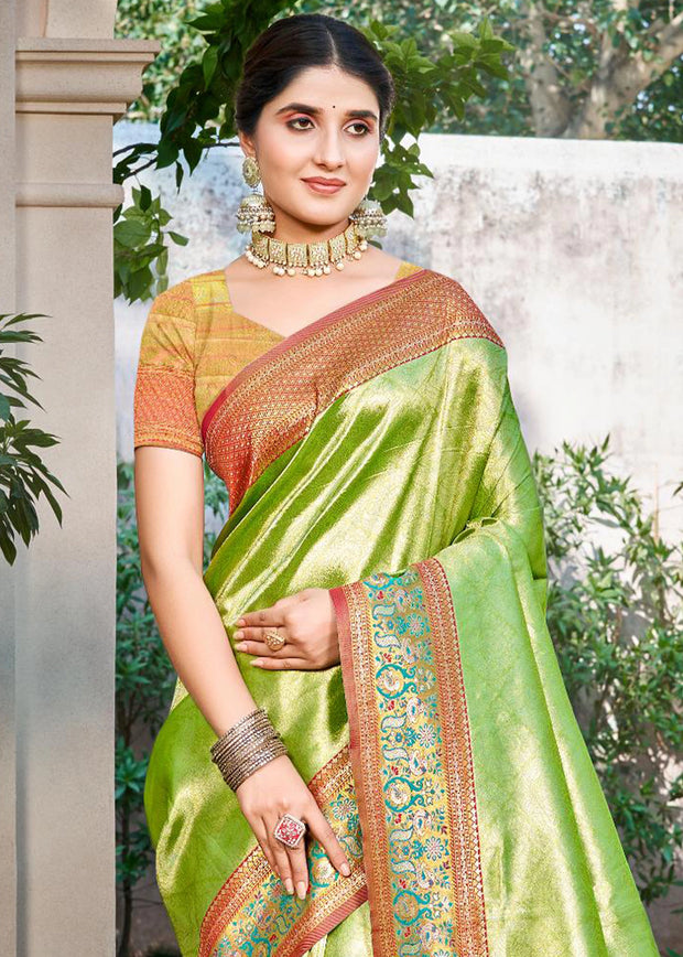Bright Lime Green Woven Kanjivaram Silk Saree
