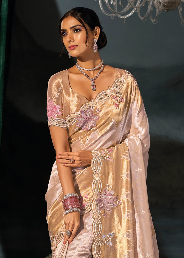 Golden Cream Embroidered Silk Saree