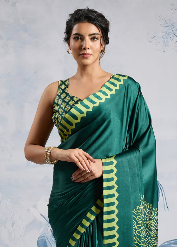 Cadmium Green Satin Silk Saree with Ajrakh Printed Pallu and Blouse