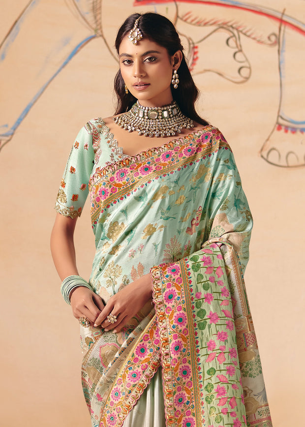 Ice Green Designer Embroidered Saree