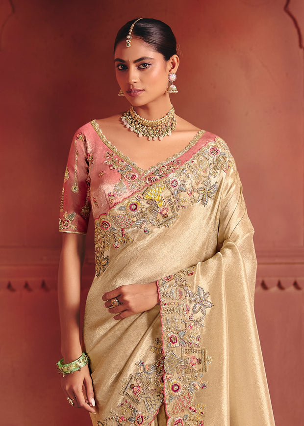 Classic Cream Designer Embroidered Saree