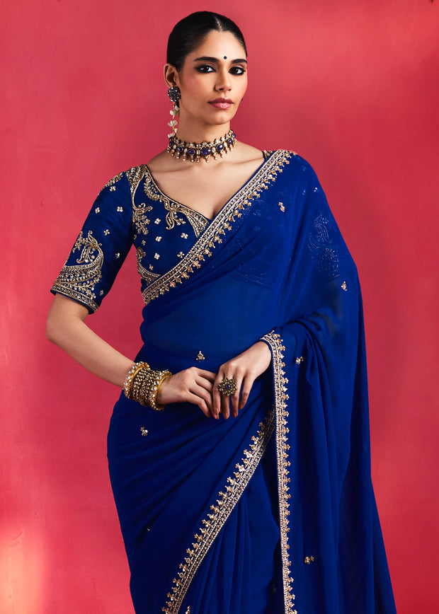 Royal Blue Embroidered Soft Silk Saree With Contrast Blouse