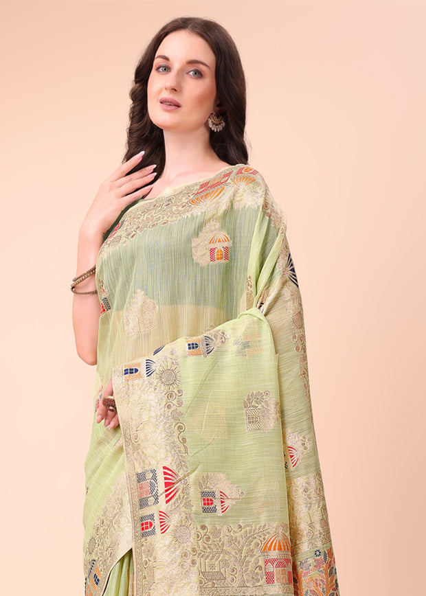 Pista Green Woven Linen Cotton Silk Saree