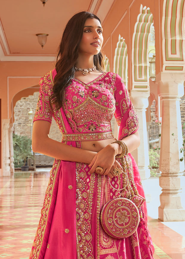Pink Banarasi Silk Embroidered Lehenga