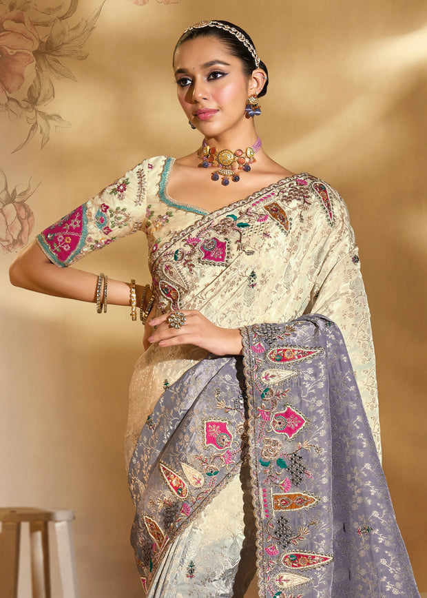 Elegant Cream & Grey Designer Embroidered Crape Silk Saree