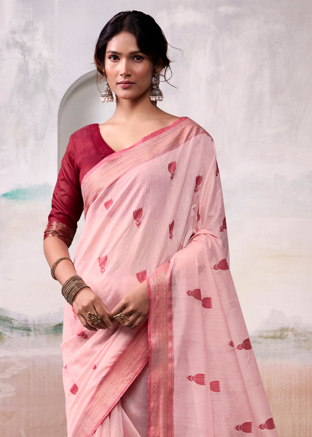 Blush Pink Woven Banarasi Cotton Silk Saree