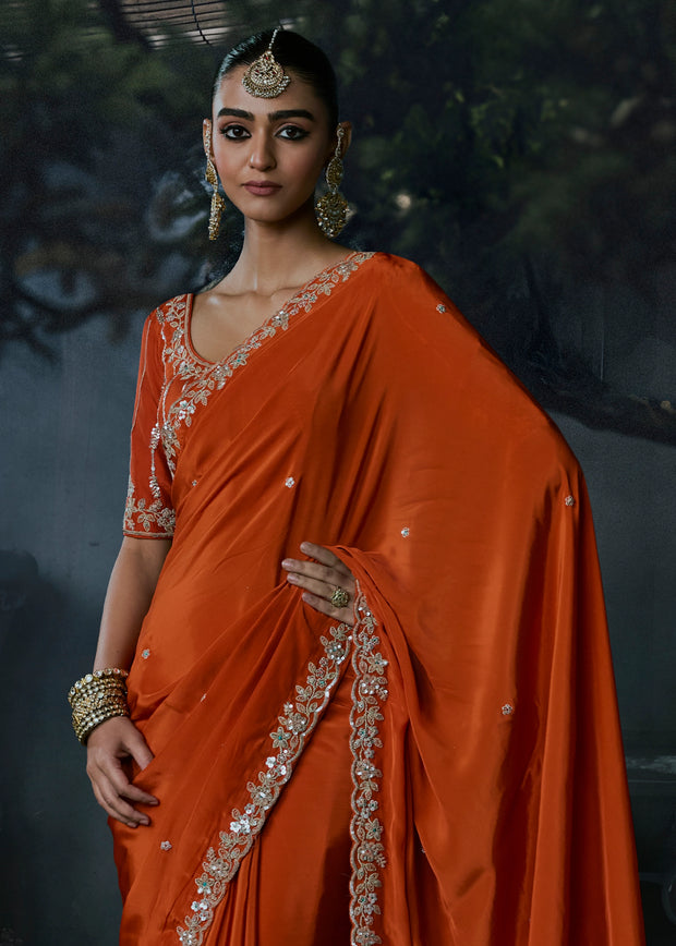 Burnt Orange Embroidered Designer Saree