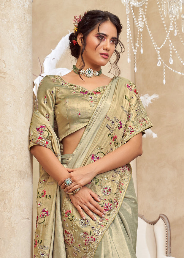 Pista Green Embroidered Designer Saree