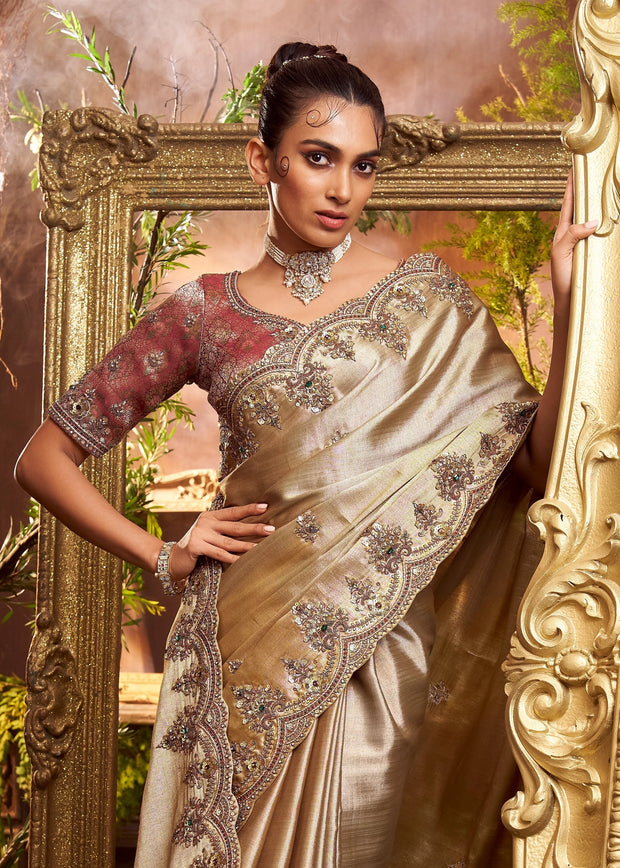 Rich Golden Embroidered Designer Saree