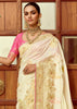 Snow White Woven Banarasi Designer Silk Saree With Contrast Blouse
