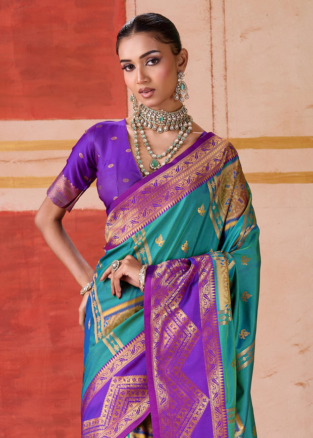 Tropical Green Dual Tone Bronze Zari Woven Banarasi Silk Saree