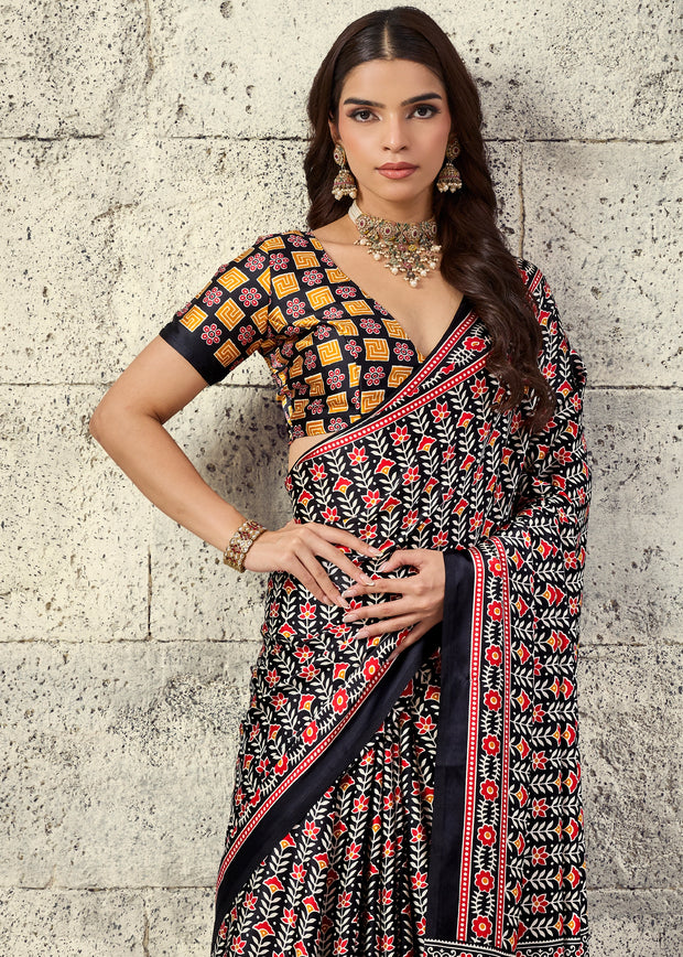 Black Printed Satin Silk Saree