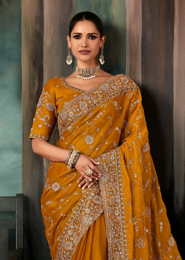 Marigold Yellow Designer Embroidered Saree
