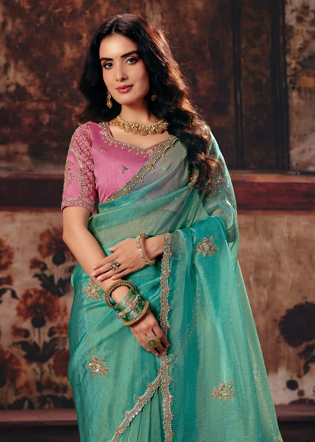Sea Blue Designer Organza Saree With Embroidered Blouse