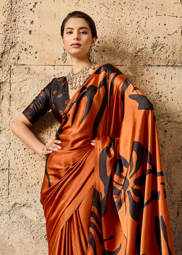 Apricot Orange Printed Satin Silk Saree