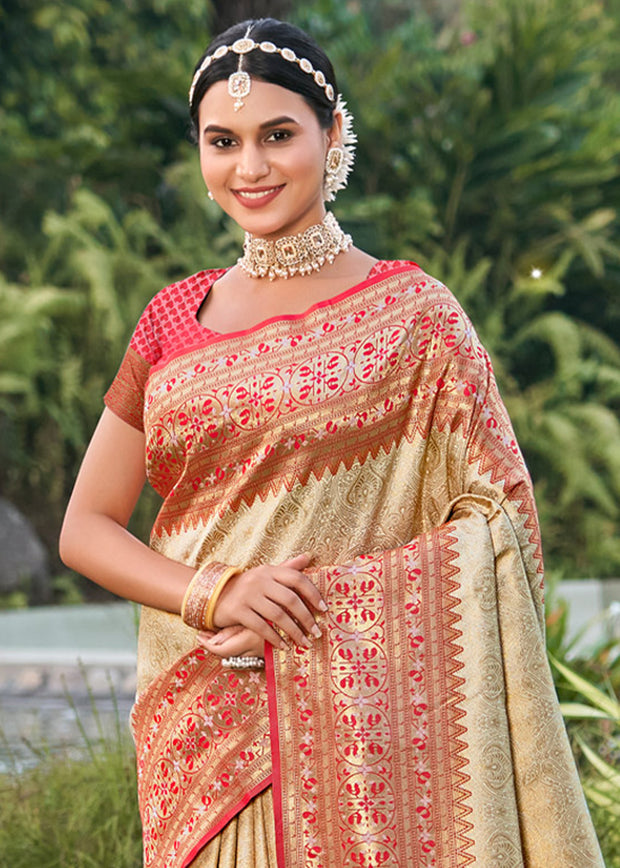 Gold Beige Woven Banarasi Silk Saree