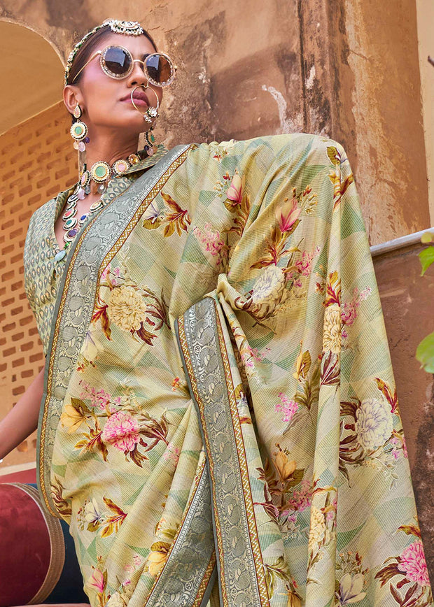 Herbal Green Floral Printed Silk Saree With Contrast Border