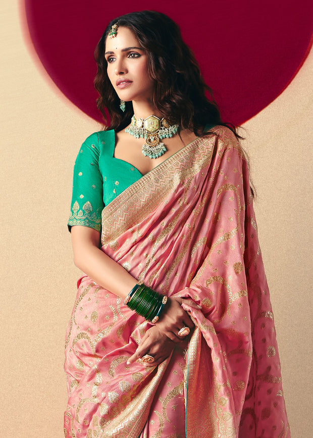 Blossom Pink Woven Banarasi Silk Saree
