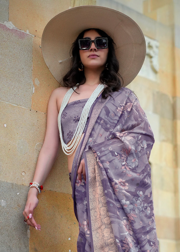 Lavender Purple Printed Georgette Silk Saree