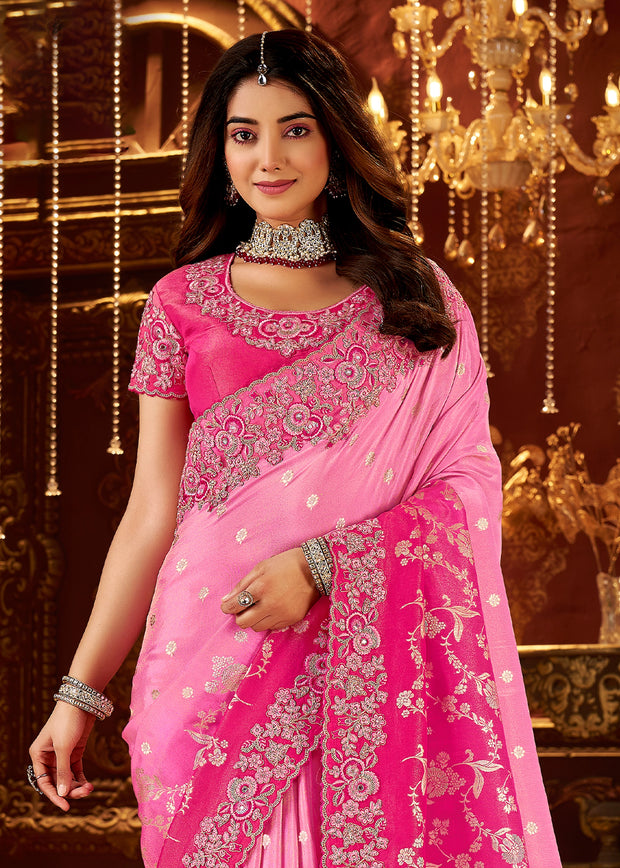 Blush Pink Embroidered Tissue Designer Saree