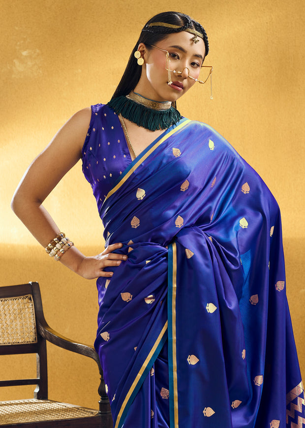 Indigo Blue Woven Banarasi Satin Silk Saree