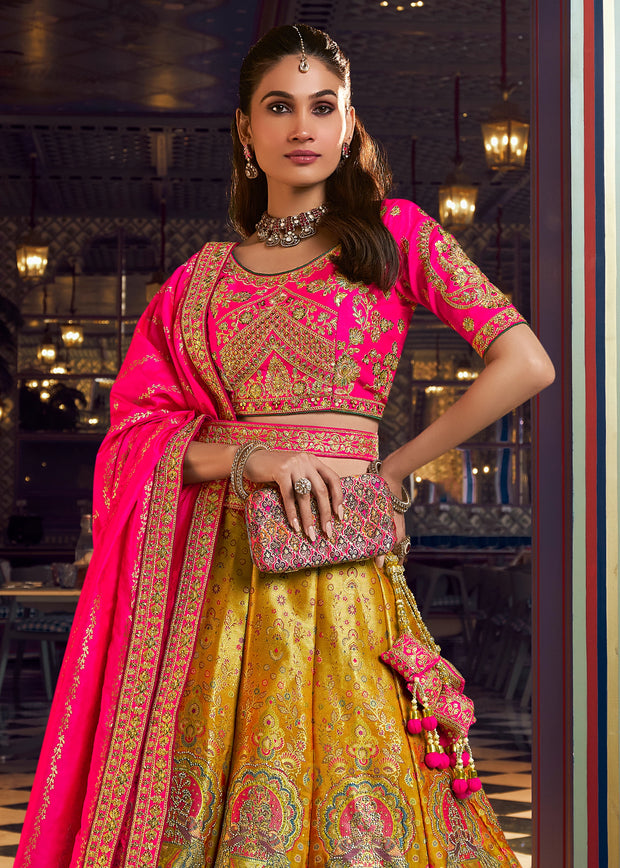 Yellow And Pink Heavy Banarasi Designer Lehenga