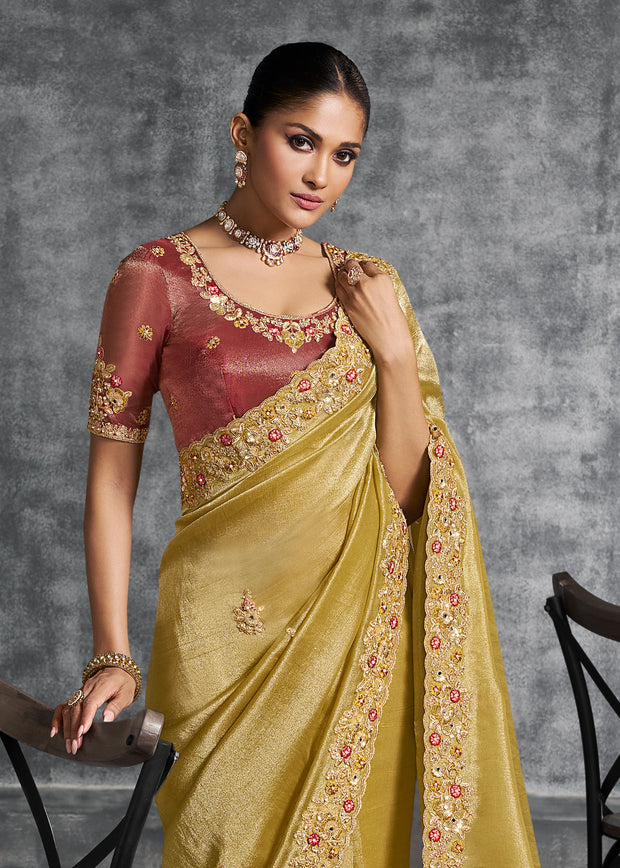 Mustard Yellow Embroidered Tissue Silk Saree