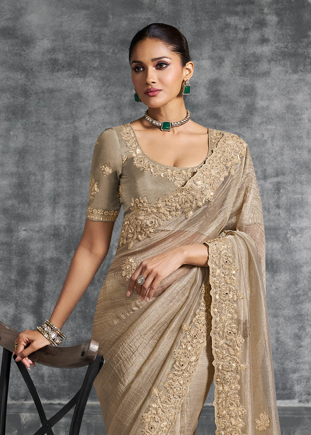 Sand Beige Embroidered Tissue Silk Saree