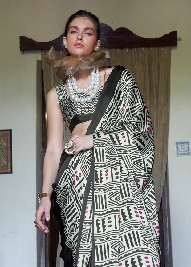 Grey Black Printed Satin Crepe Saree