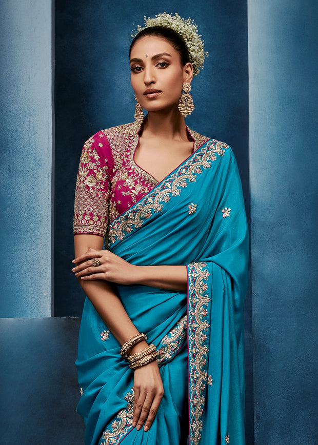 Teal Blue Embroidered Designer Tissue Saree