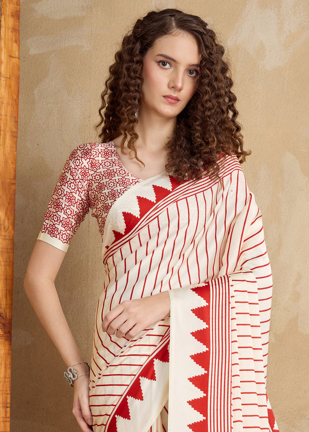 Off White And Red Printed Satin Silk Saree