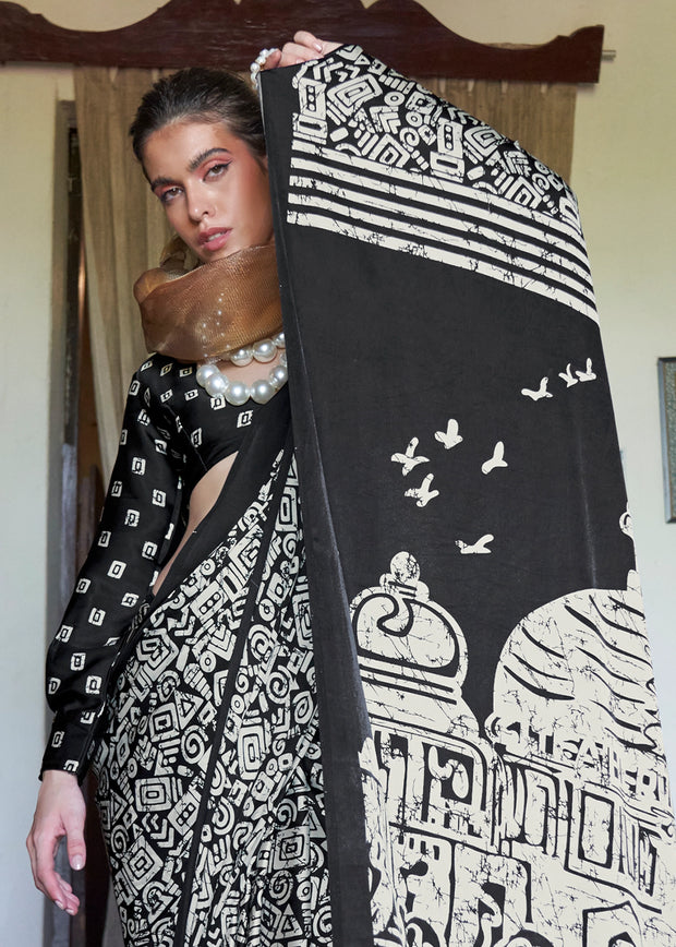 Elegant Black & White Print City Satin Crepe Saree