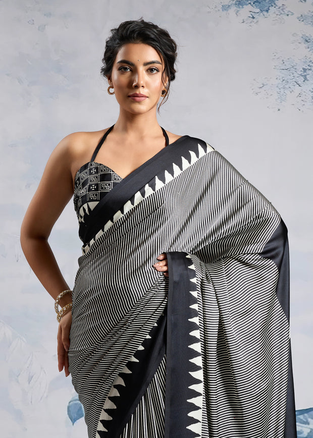Black And White Printed Satin Silk Saree