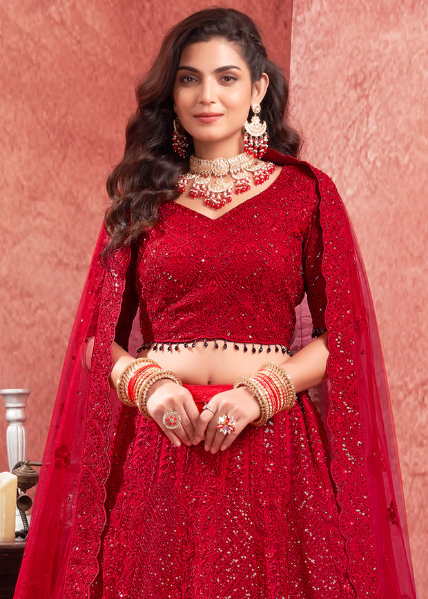 Poppy Red Net Embroidered Bridal Lehenga