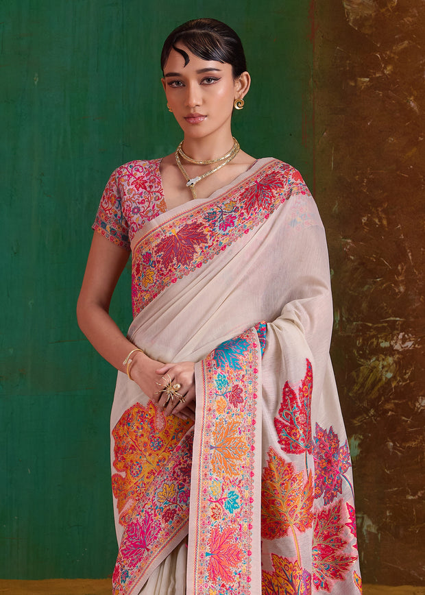 Desert White Woven Cotton Kashmiri Jamewar Saree
