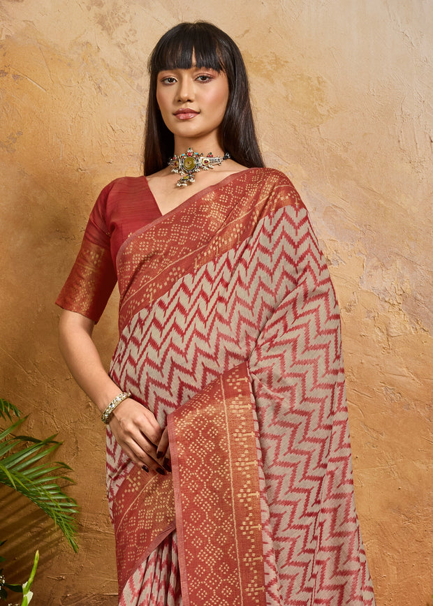 Earth Red Printed Patola Silk Saree