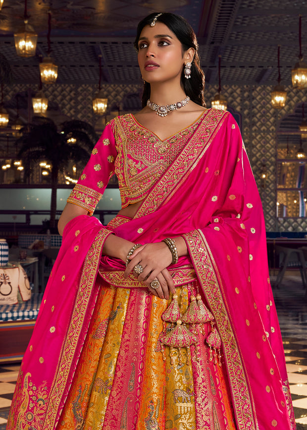 Pink And Golden Heavy Banarasi Designer Lehenga
